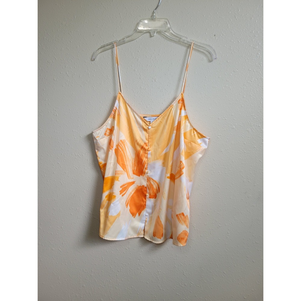 Nine West Womens XL Orange White Abstract Floral Button Front Cami Tank Top